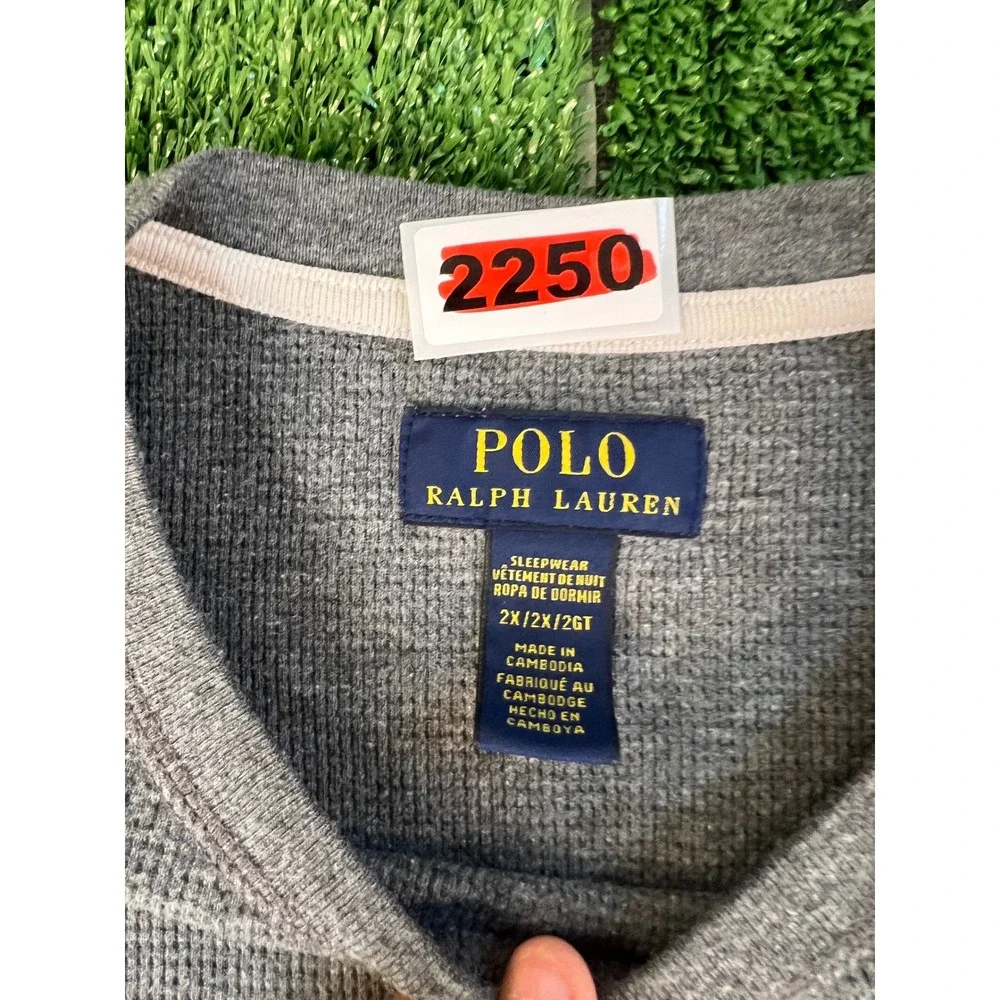 Polo Ralph Lauren Mens 2XL Grey Waffle Knit Long Sleeve Sleepwear Shirt Logo